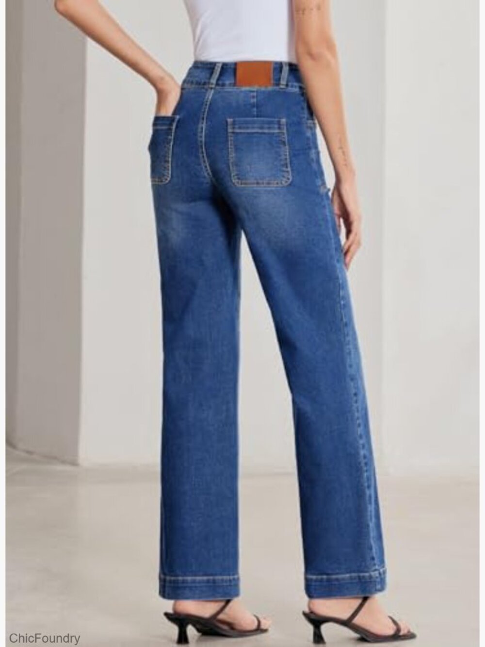 High Waisted Wide Leg Stretchy Tummy Control Straight Denim Pants - Picture 2 of 7